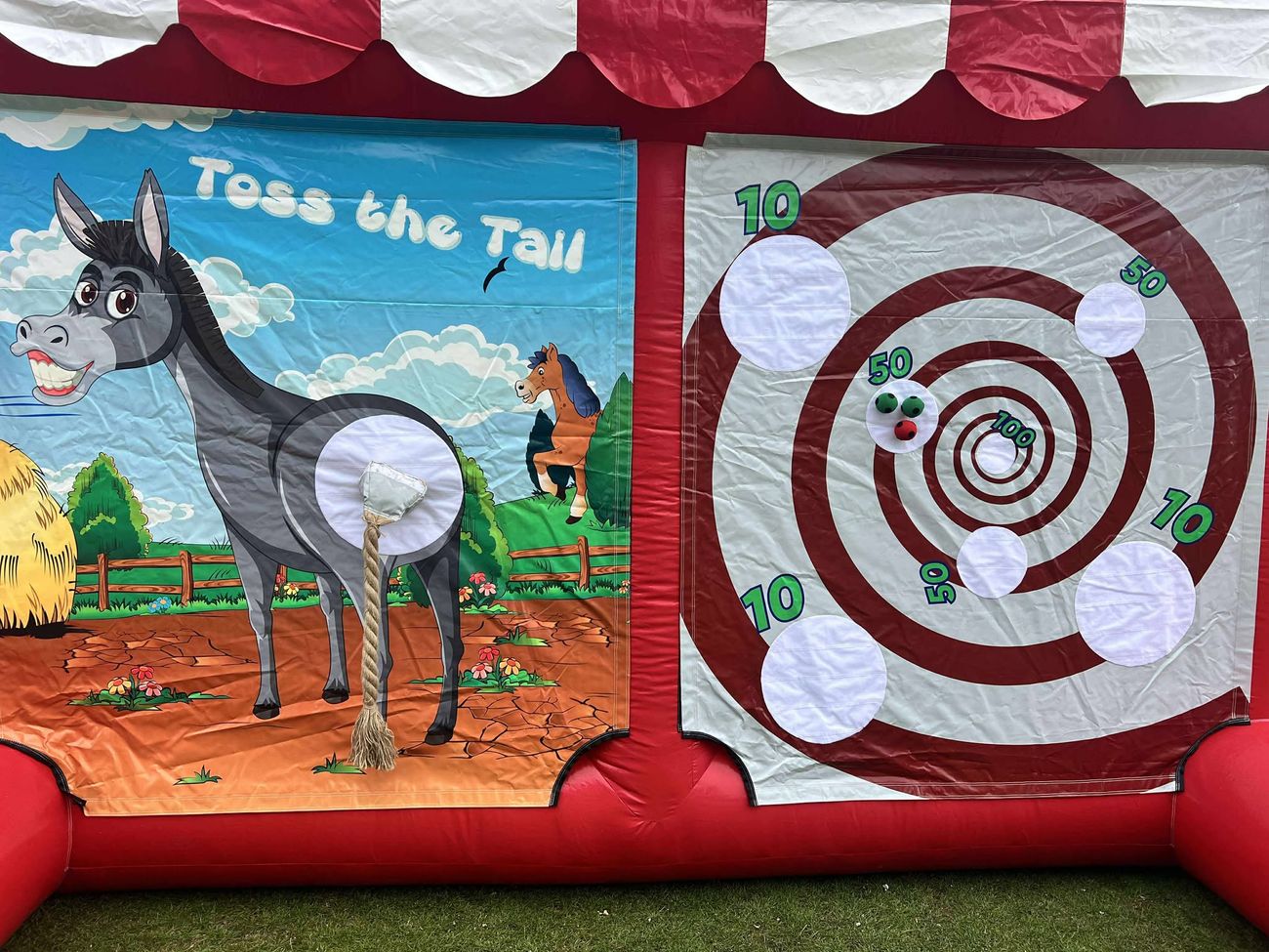 Toss the tail donkey panel beside a velcro ball target with scoring rings
