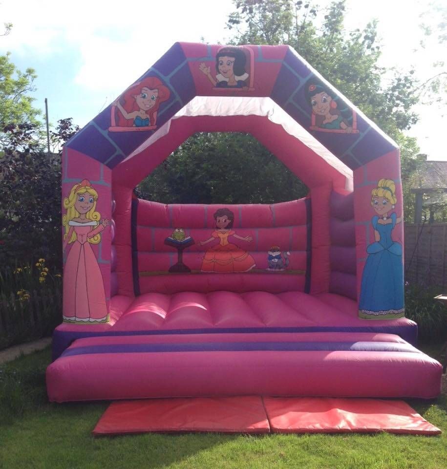 Pink and purple princess bouncy castle with fairytale princess artwork, set up on a lawn