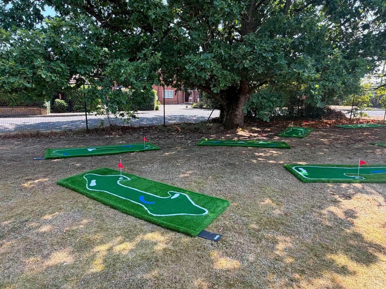 Crazy golf 2 holes with red flags in staggered rows under a large oak tree at an event