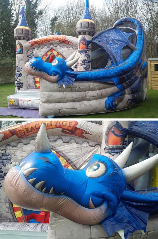 Side view of the Dragon castle showing the slide, with a close-up of the blue dragon head