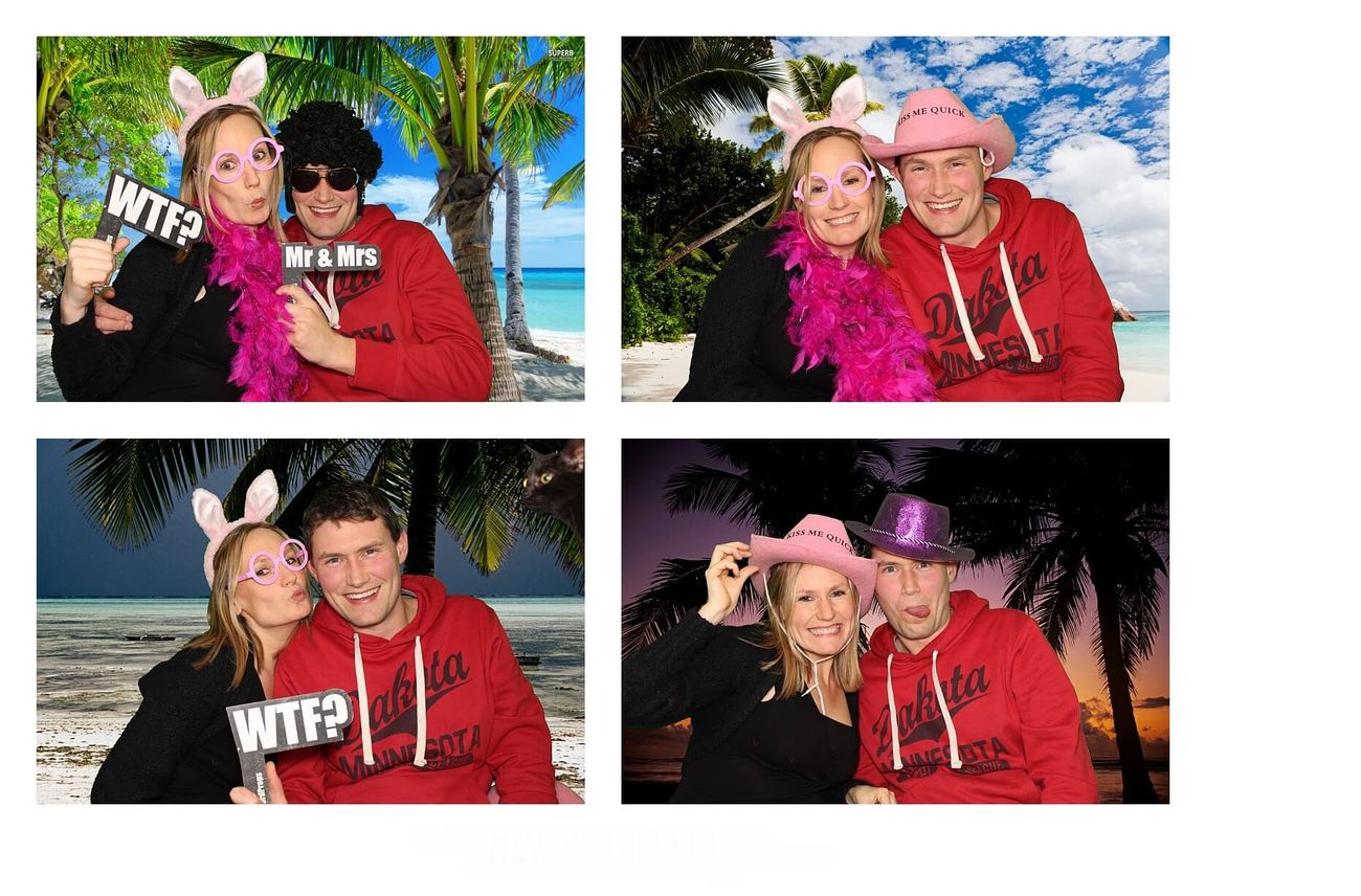 Photo booth prints of a couple with props against tropical beach backgrounds