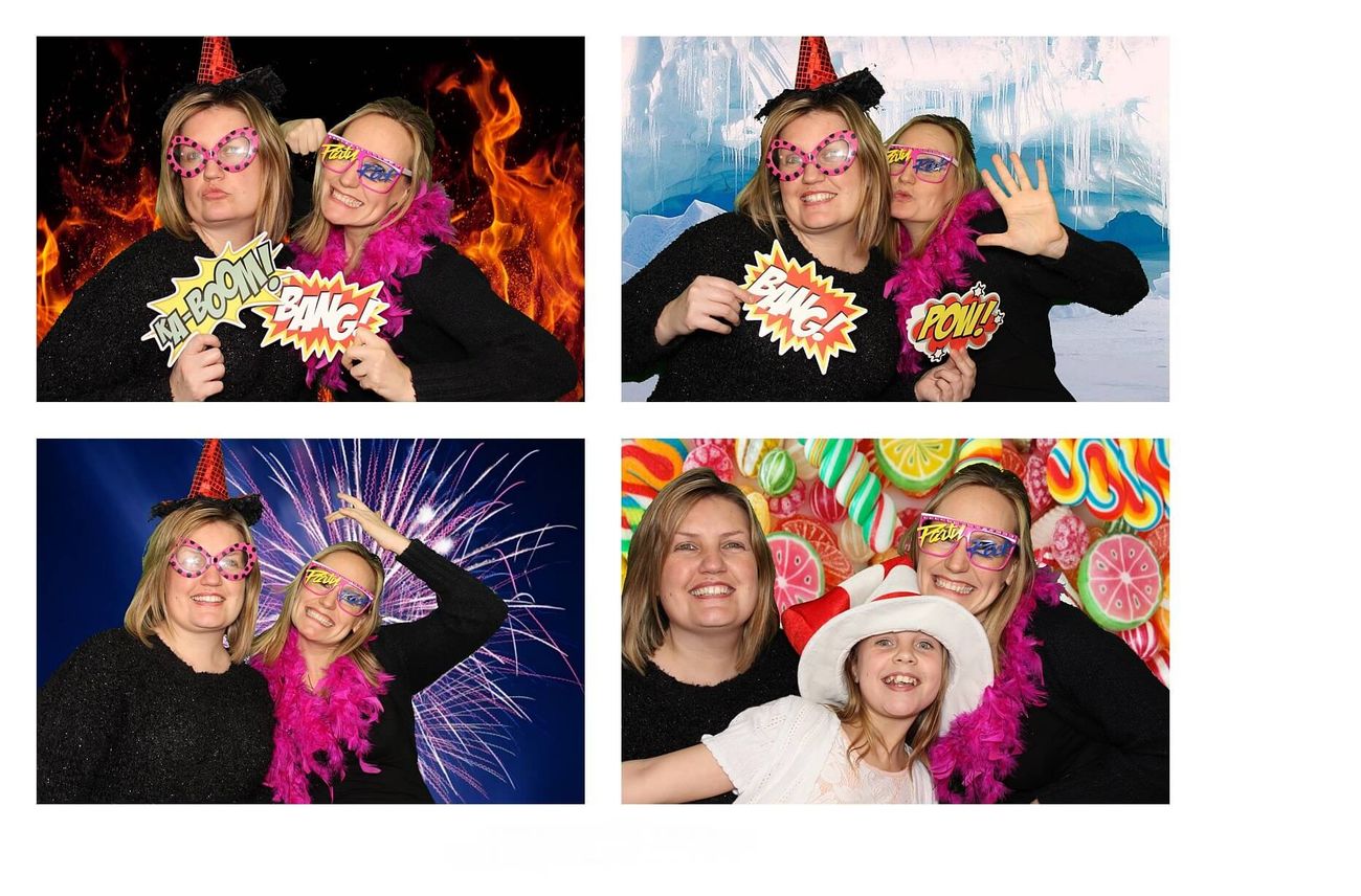 Photo booth prints of two women against fire, ice, fireworks and sweets backgrounds