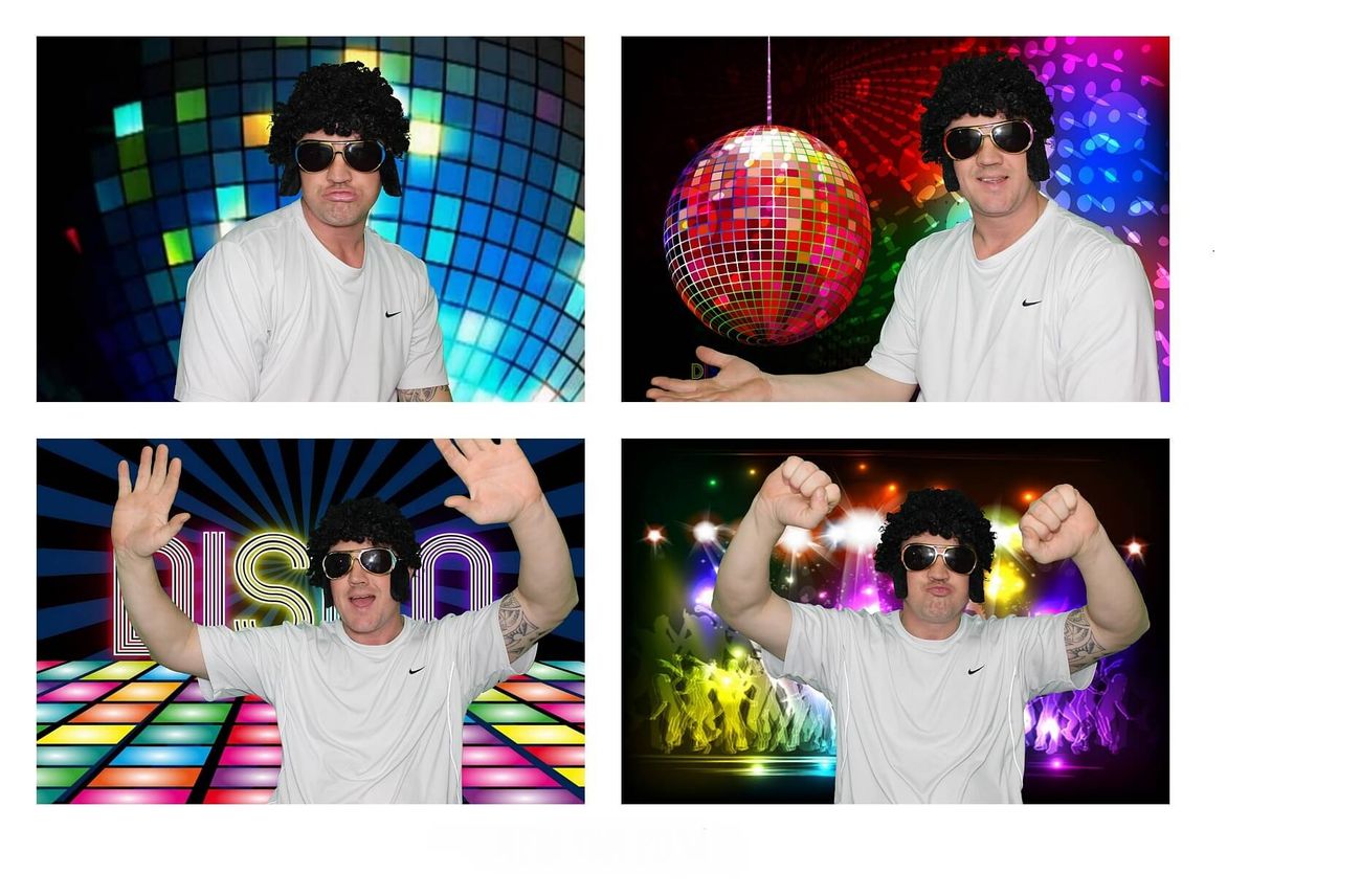 Photo booth prints of a man in an afro wig against disco mirror ball backgrounds