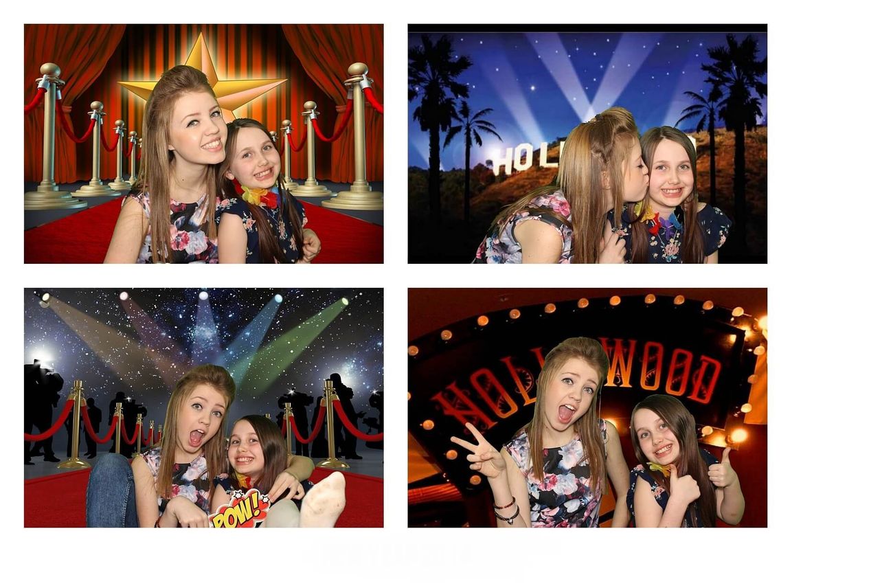 Photo booth prints of two girls against Hollywood red carpet backgrounds