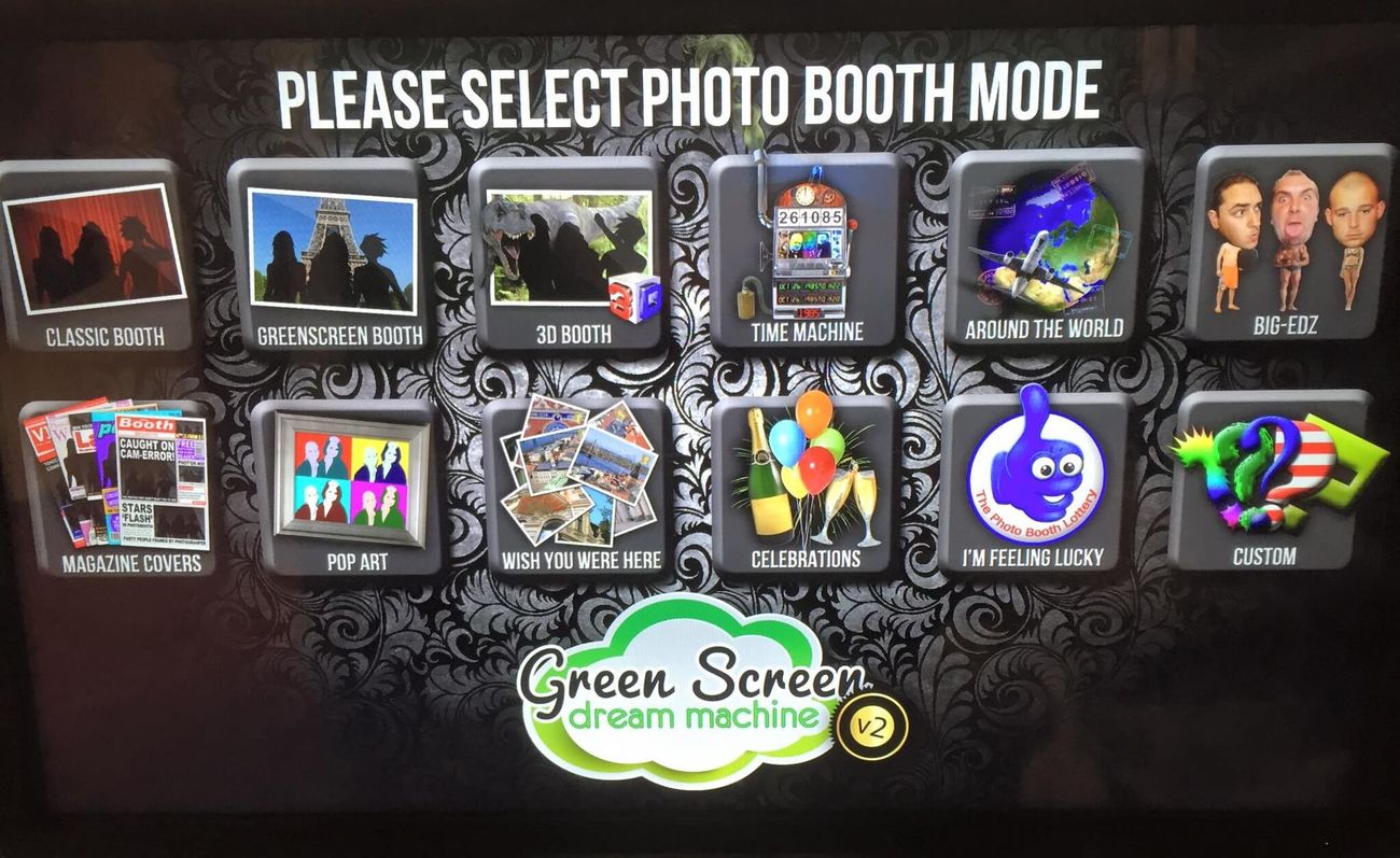 Green Screen Dream Machine touchscreen showing twelve photo booth modes to choose from