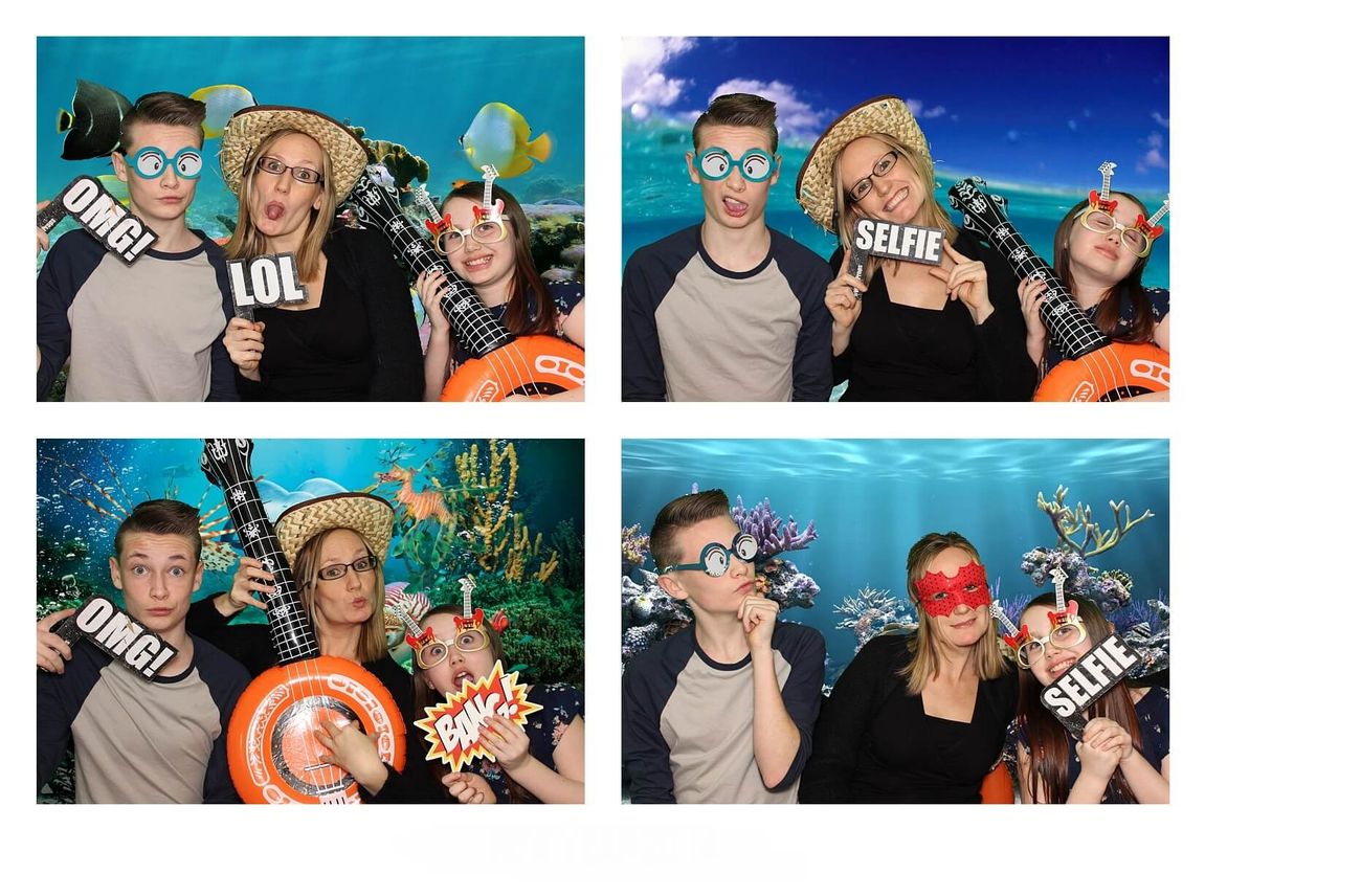 Photo booth prints of a family with props against underwater coral reef backgrounds