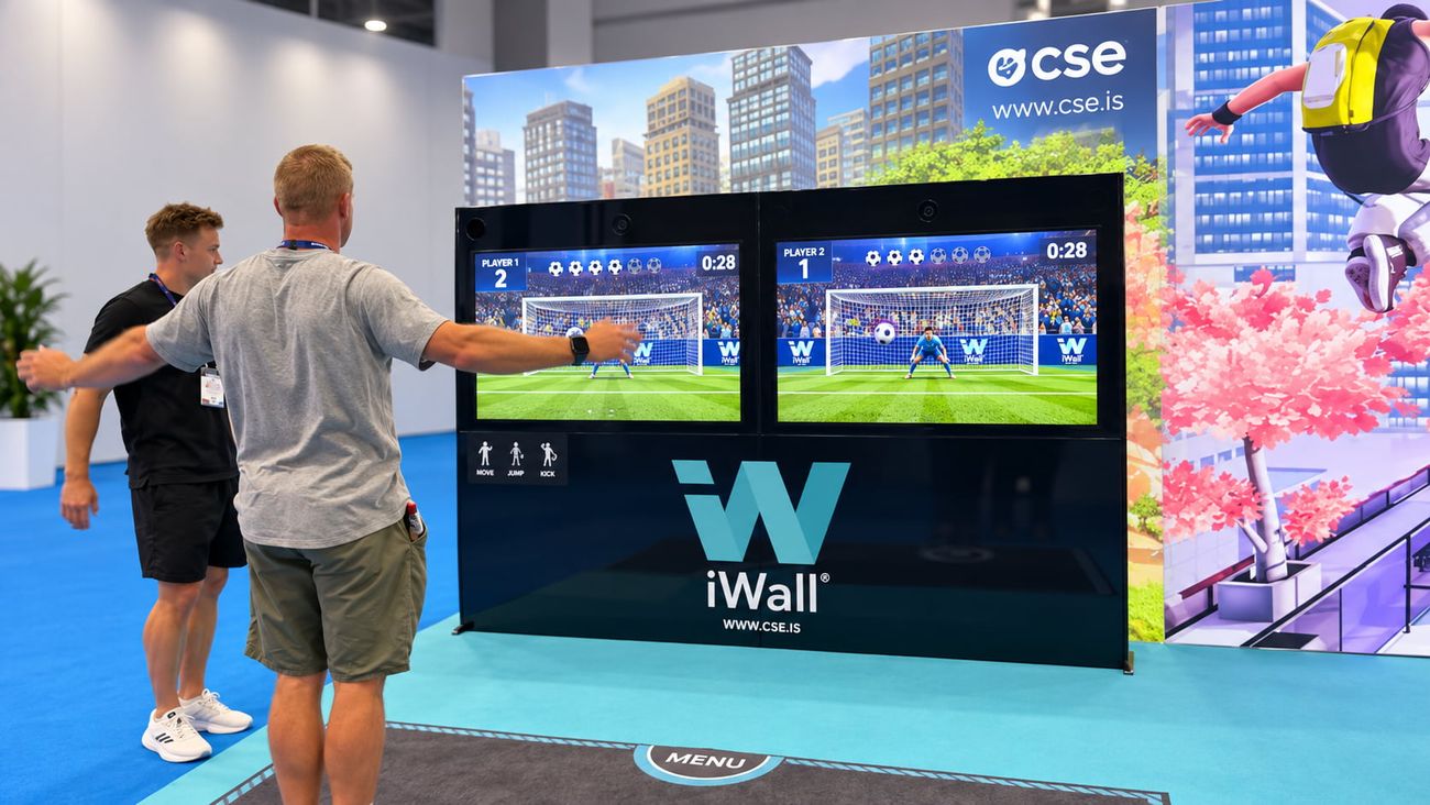 iWall football: Top Shot Soccer on the twin screens, with players on the floor mat