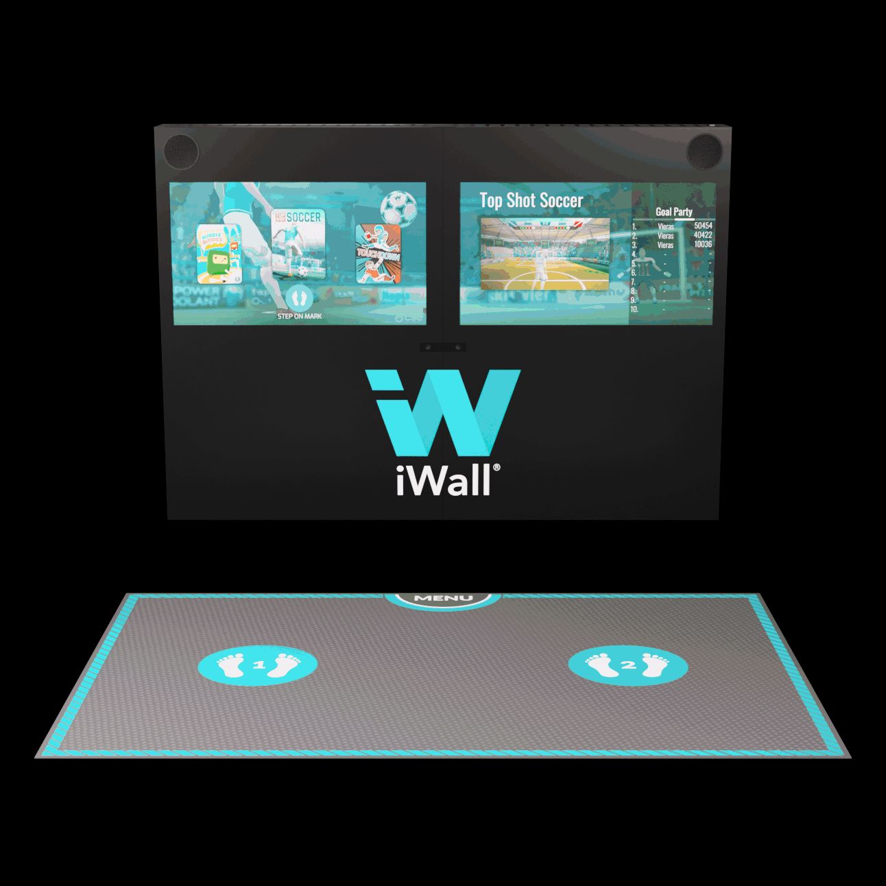 The iWall unit: twin screens, sensor bar and the marked floor mat