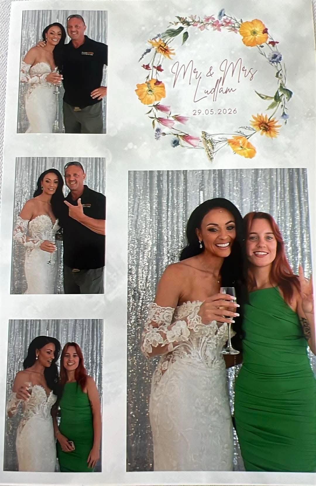 Example mirror print from a wedding, four photo panels with names and date on a floral header