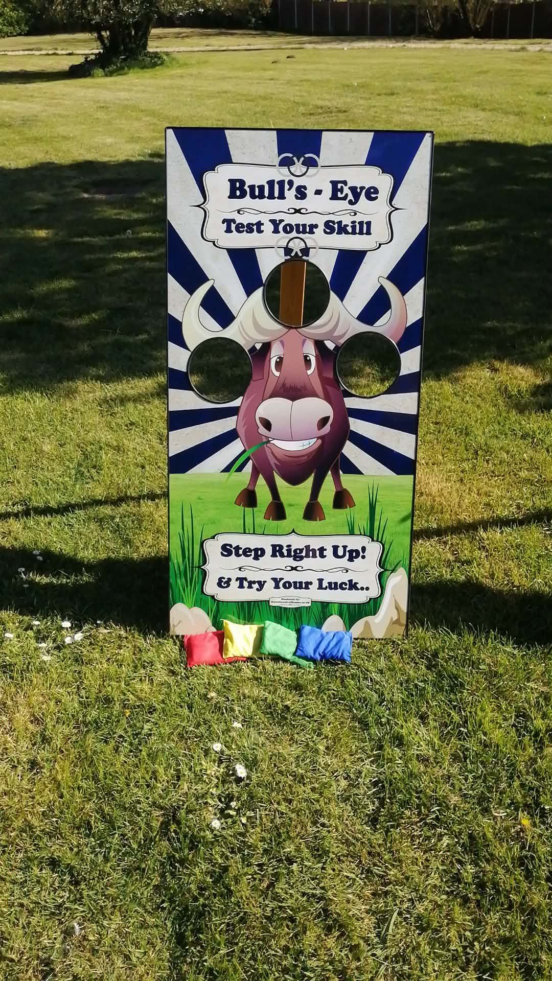 Bull's Eye beanbag toss game with cartoon bull artwork