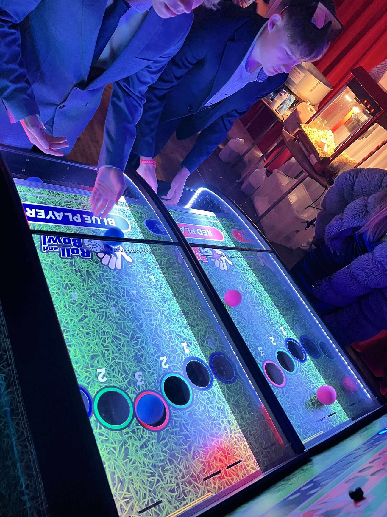 Close-up of the Roll and Bowl lanes and coloured scoring holes