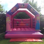 all ages pink and purple princess bouncy castle in a backgarden